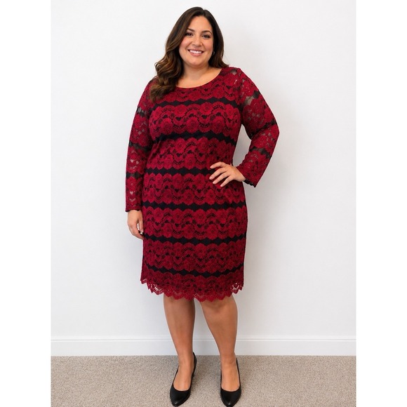 J H Evenings Dresses & Skirts - Womens JH Evenings Red Black Lace Overlay‎ Dress Size 14W